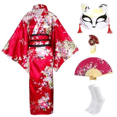 Imagem de Quimonos para mulheres, vestido japonês, fantasia de gueixa, fantasia de gueixa, anime, cosplay, empregada, máscara, leque de mão, meias 5 peças (vinho vermelho)