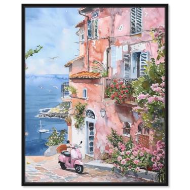 Imagem de Art Remedy Pinturas florais em tela Lush Coastal Villa II, moldura preta, 40 x 50 cm