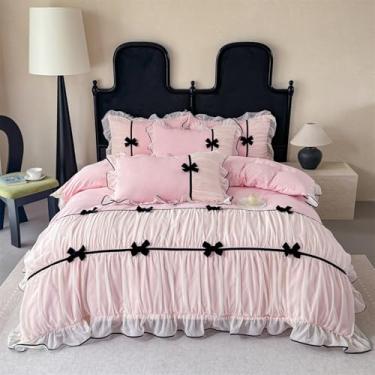 Imagem de Jogo de cama com babados, gravata borboleta, roupa de cama de renda chique, conjunto de capa de edredom para meninas, solteiro, estilo princesa francesa, romântica, com babados e laço adorável com