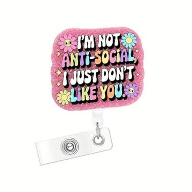 Imagem de Carretel de crachá de flor rosa de verão I'm Not Anti-Social, I Just Don't Like You Porta-crachá para enfermeiras mulheres médicas com clipe de jacaré retrátil decoração