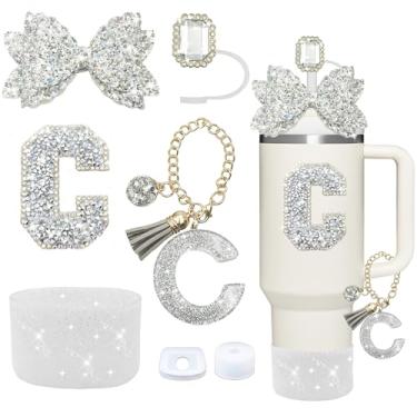 Imagem de Conjunto de acessórios para copos Stanley de prata, 7 peças, decorações de iniciais para copo Stanley 850 g/1,134 g, inclui tampa de canudo de joia, tampa à prova de derramamento, pingente de alça