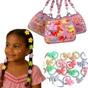Imagem de Kit de Acessórios Cabelo Infantil Presilhas Coloridas Fofas Bolsinha Decorativa Rosa com Alça em Contas (Laços de Algodão)