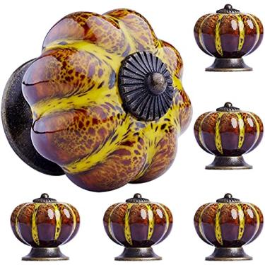 Imagem de OLAYA Puxadores de armário com maçanetas de cerâmica vintage em forma de abóbora, para gavetas decorativas de armário e gavetas, pacote com 12 (amarelo abóbora)