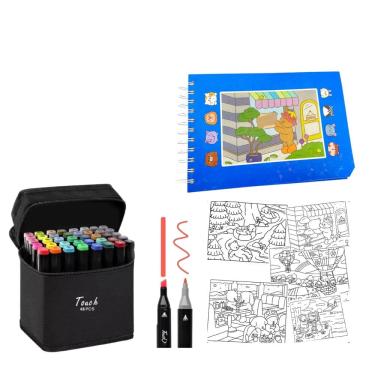 Imagem de Canetinha 48 Cores com Livro De Pintar Ursinho Fofo 100 Folhas Desenho Divertido Estojo