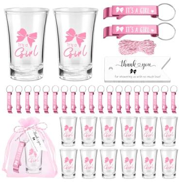 Imagem de FYSUIMU 50 conjuntos de lembrancinhas de chá de bebê para convidados, copos de tiro de acrílico com etiqueta de agradecimento, bolsa de organza, abridor de garrafas, chaveiros para aniversário, gênero