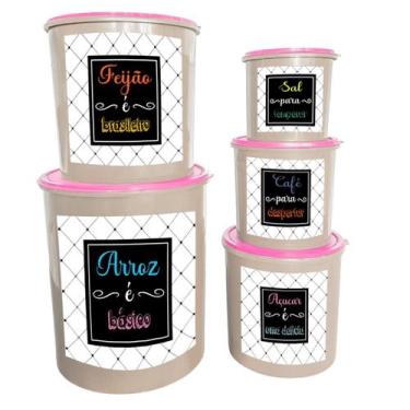 Imagem de Jogo com 5 Potes de Mantimentos Redondos Decorados  Plástico Resistent