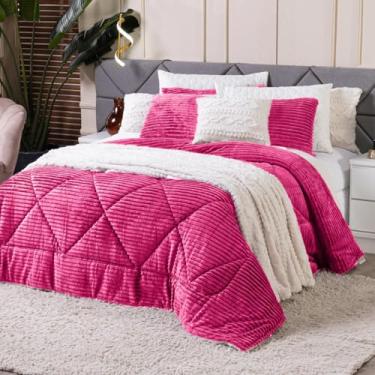 Imagem de Kit Coberdrom Edredom Canelado SOLTEIRO 02 Peças Dupla Face Denver com Fronha - Cobertor Manta Mantinha Microfibra Canelada Listrada Quente Grosso Macio (Pink)
