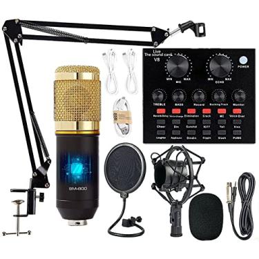 Imagem de KOKITEA Pacote de equipamento de podcast, kit de microfone BM-800 com placa de som ao vivo, braço de tesoura de suspensão de microfone ajustável, suporte de choque de metal e filtro pop de camada