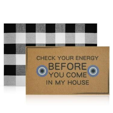 Imagem de Kuabiz 2 peças de capacho de fibra sintética para entrada em casa, tapete de boas-vindas engraçado antiderrapante tapete de porta de coco artificial para porta da frente interna e externa (verifique