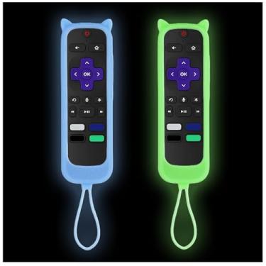 Imagem de Gavyqier Pacote com 2 capas para controle remoto Roku, capa de bateria para Smart TV Hisense TCL Roku controle protetor de silicone capa universal verde brilhante e azul brilhante