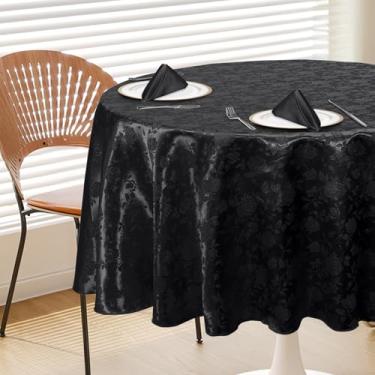 Imagem de Cobedzy Toalha de mesa preta de cetim redonda de 228 cm, toalha de mesa jacquard resistente a manchas, sem rugas, capa de mesa macia e sedosa para sala de jantar/festa/casamento/banquete/eventos