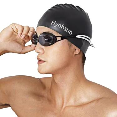Imagem de Hynhsun Touca de natação de silicone clássica unissex para mulheres e homens, flexível, unissex, impermeável, treinamento intensivo, confortável, antiderrapante (preto clássico)