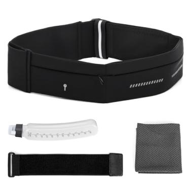 Imagem de Lsnisni Cinto de corrida fino para homens e mulheres, pochete de corrida com garrafa de água e toalha, pochete com vários bolsos – suporte de telefone, ajustável para corrida, escalada, Preto-médio