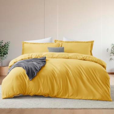 Imagem de Hearth & Harbor Conjunto de capa de edredom e lençol de cama tamanho Queen, amarelo, 7 peças, macio escovado, inclui capa de edredom, lençol de cima, lençol com elástico, fronhas e fronhas