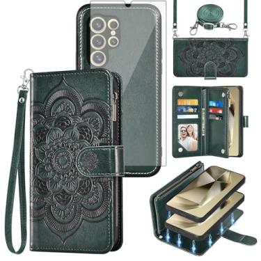 Imagem de Asuwish Capa de celular para Samsung Galaxy S24 Ultra 5G com zíper carteira celular com protetor de tela de vidro temperado alça transversal alça de flores porta-cartões S24Ultra 24S S 24 24Ultra