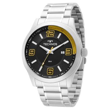 Imagem de Relógio Masculino Technos Aço Prata Mostrador Preto Fosforescente Calendário 50M Resistente Água Pulseira Inox Analógico 2115KLM1L