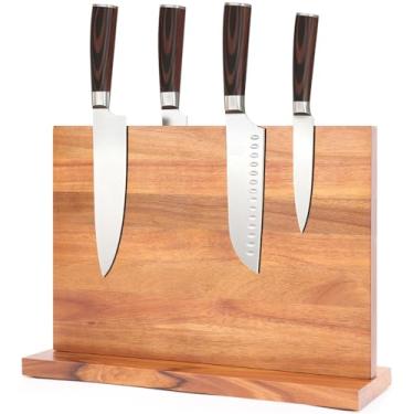 Imagem de Suporte de Madeira para Facas, 30 X 22cm, Porta Facas de Cozinha, Bloco Magnético de Faca para Facas, Suporte de Madeira Natural, Organizador de Armazenamento de Faca de Lado Duplo