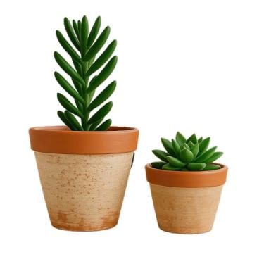 Imagem de Kit 2 Vasos De Barro Cerâmica Feitos à Mão Impermeáveis Brilhante Verniz Para Suculentas Plantinhas