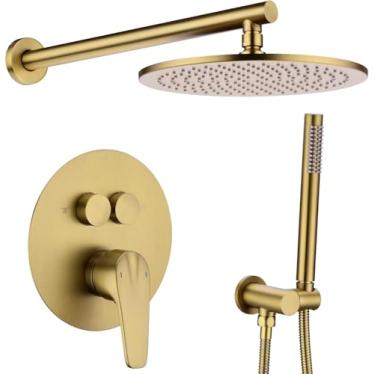 Imagem de Sistema De Chuveiro De 12 Polegadas Com Válvula De Pressão Balanceada Chuva Montada No Teto De Luxo E Conjunto De Chuveiro De Mão Desviador De Botão, Gold - 10 Round - Wall, Push-Button Diverter