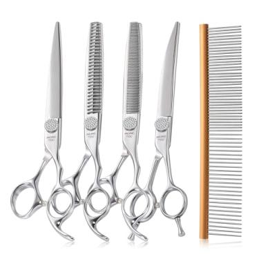 Imagem de momotou Conjunto De Tesouras Para Tosa De Cães Momotou Polidas Com Diamante De Simulação, Aço Inoxidável 440C, Tesouras Finas Curvas E Retas Com Pente De 7,5''