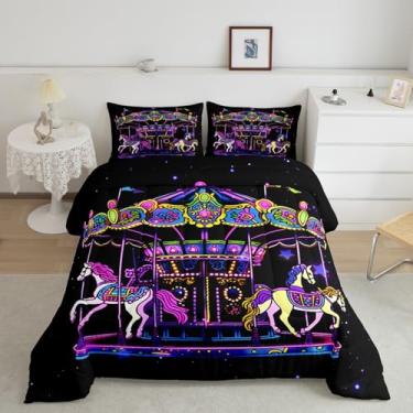 Imagem de Jogo de cama casal com tema de circo de parque de diversões, conjunto de edredom de carrossel infantil, decoração de quarto de meninas, meninos, adolescentes, desenho animado, animais e cavalos