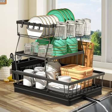 Imagem de Escorredor de Louça,Escorredor de Louça Inox 3 Camadas,Ferroso em Aço Carbono à Prova de Ferrugem com Porta-Pauzinhos,360° Drenagem Automática e Bandeja, Moderno, Antiferrugem, Antiderrapante
