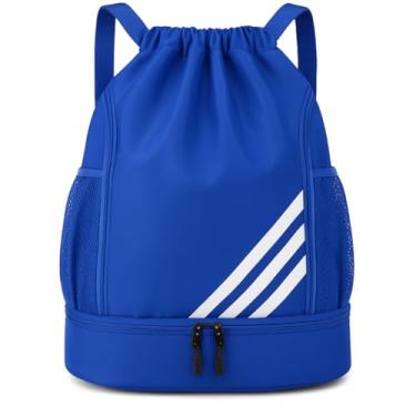 Imagem de Mochila Esportiva com Cordão Espaçosa Bolsa 4 Bolsos Ideal para Esportes Chuteira Bolas Academia Material Impermeável Separação Roupas Secas e Molhadas Unissex (Azul)