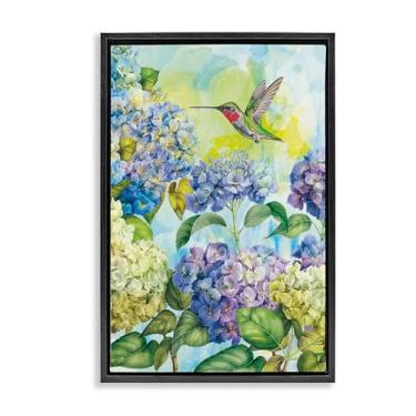 Imagem de Stupell Industries Hortênsias de primavera com beija-flor preto emoldurado em tela flutuante design de arte de parede por Tim Coffey, 25 x 17