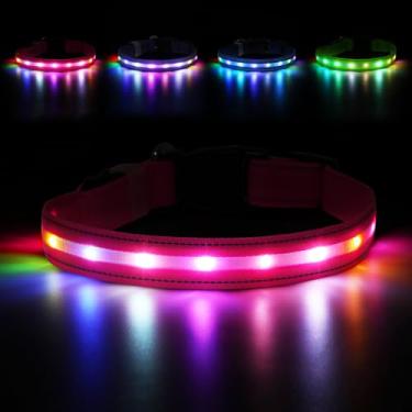 Imagem de Coleira de cachorro de LED, coleira iluminada, recarregável por USB – Luzes mais brilhantes para caminhadas noturnas, 6 modos de luz, ajustável para segurança do cão (grande, rosa doce)