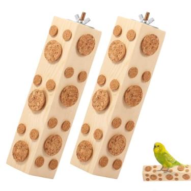 Imagem de 2 peças de brinquedos naturais para mastigar pássaros de madeira com rolhas papagaio para mastigar periquito, dois estilos de instalação, acessórios para gaiolas de pássaros para calopsitas, conures
