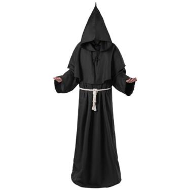 Imagem de ODIZLI Roupão de monge frade masculino medieval renascentista sacerdote colar de fantasia de Halloween fantasia adulto capa longa vestido preto G