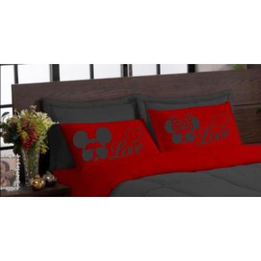 Imagem de Kit edredom LOVE 05 peças queen dupla face microfibra Vermelho Preto -