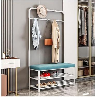 Imagem de L Cabideiro Banco De Sapatos Ferro Forjado Hall Árvore Com 2 Prateleiras De Armazenamento Cabide De Entrada Com Ganchos Loja De Roupas Casa Quarto Dr Rack, White, 100x32x175cm