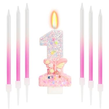 Imagem de ElekFX Vela número 1 de borboleta rosa com bastão de cera, decorações de primeiro aniversário para meninas, topo de bolo com glitter com lantejoulas para artigos de festa e lembrancinhas