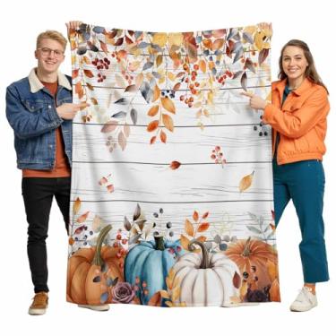Imagem de Cobertores de cama de outono de Ação de Graças Abóbora Azul Branco Laranja Cobertor Cobertor de Lã para Cães Piquenique Praia Viagem Cama, Cobertor de Cama de Microfibra, 101,6 x 127 cm Folha Vintage
