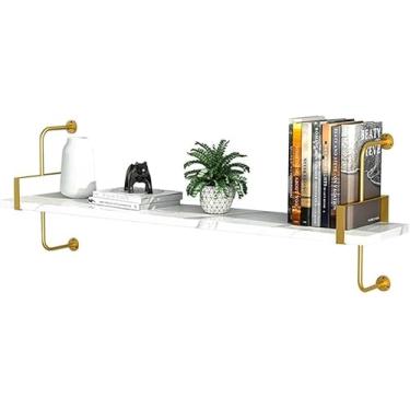 Imagem de Prateleira De Parede, Prateleira Divisória Escandinava De Uma Peça, Camada De Madeira Maciça Imitando Textura De Mármore Suporte De Ferro Dourado, Estante Montada Na, Single Layer, 120cm