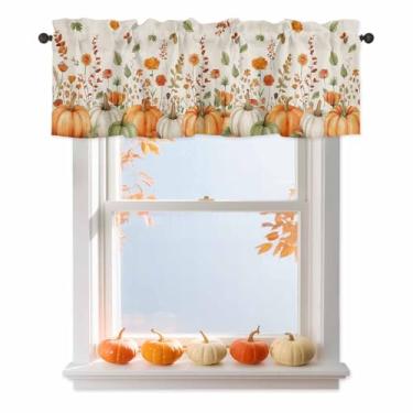 Imagem de Cortinas de saia de abóbora laranja verde outono para janelas, decorações de ação de graças, bolso de varão, cortina de saia de cozinha para sala de estar/quarto, cortinas de tratamento de janela