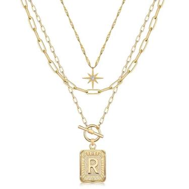 Imagem de MJartoria Colar com pingente de letra quadrada em ouro com inicial em camadas para mulheres banhado a ouro 24 K delicado clipe de papel corrente fecho A-Z, letra estrela do norte, gargantilha em camadas, joias presentes para meninas, liga, não conhecido,