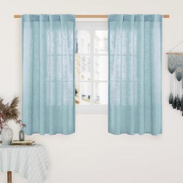 Imagem de LAMIT Cortinas de linho 122 cm de comprimento, 2 painéis, painéis de filtragem de luz, aba traseira e bolso para varão, cortinas para cozinha/janela/quarto de sótão, 86 x 121 cm, azul pedra