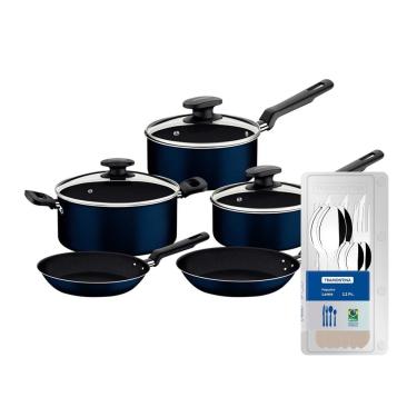 Imagem de Conjunto de Panelas 5 Peças Tramontina Ravena Starflon Max Azul + Faqueiro 12 Peças Tramontina Leme Cinza