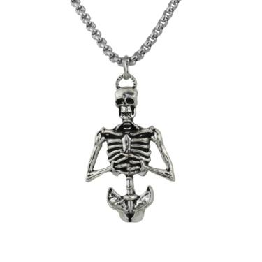 Imagem de Colar com pingente de esqueleto, prata, corrente de aço inoxidável, 61 cm, pingente de caveira de liga de zinco, estilo punk rock gótico, joia de Halloween, Standard size, Liga de aço, Sem Pedra