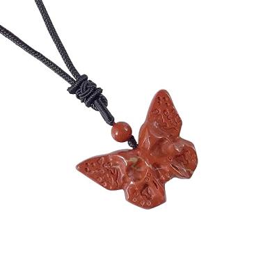 Imagem de RECKSI Colar com pingente de caveira de borboleta esculpida em pedra de cristal natural ajustável para mulheres, Pedra de cristal jaspe vermelho, pedra de cristal de jasper vermelho