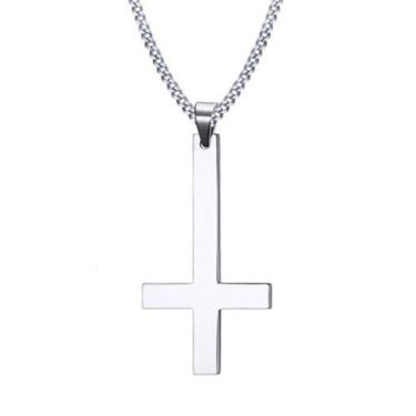 Imagem de Colar de cruz invertida | Colar gótico de cabeça para baixo, pingente minimalista moderno, joias religiosas, simbólicas, punk, demônio, joias cristãs, igreja de Satanás, 18 inch, Aço inoxidável, Sem