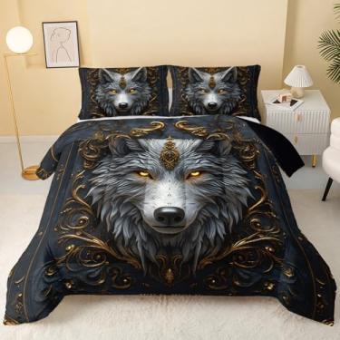 Imagem de QOOMO Jogo de cama infantil com estampa de lobo de desenho animado, para decoração de quarto de meninos e meninas, tamanho casal, microfibra leve, 1 edredom e 2 fronhas