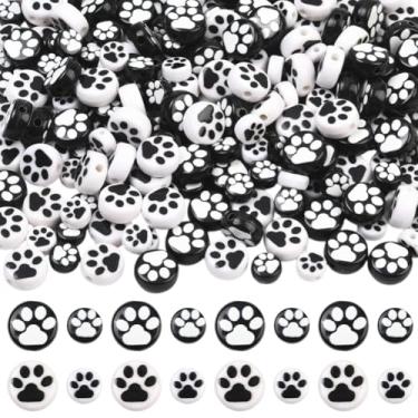 Imagem de SOFPLATE 400 peças, 4 estilos, contas de pata de gato, contas com estampa de animal, colorido, pequeno, plano, redondo, opaco, preto, cão, acrílico, espaçadores soltos e lisos para fazer joias