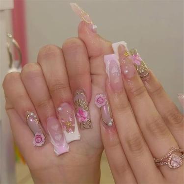 Imagem de RTKHFZE Unhas postiças quadradas longas com ponta francesa, acabamento acrílico branco, design de redemoinho 3D e flores, cola de cobertura completa rosa, 24 peças