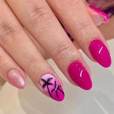 Imagem de Unhas postiças ovais curtas rosa com design de coqueiro, unhas com glitter, cola brilhante nas unhas, unhas de acrílico gradiente, unhas postiças de verão, cobertura total, 24 peças