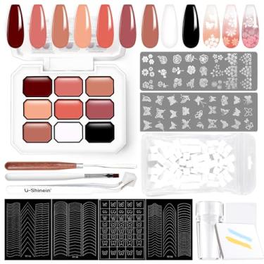 Imagem de U-Shinein Conjunto de unhas de gel gradiente, 9 cores rosa nude para ombré, kit de pratos de esmalte branco e preto com 14 ferramentas de arte de unha, gel de pintura pigmentada, manicure francesa