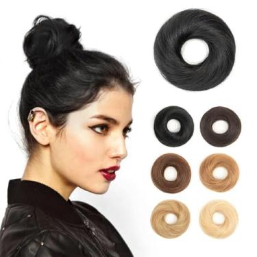 Imagem de VADES Pedaço de cabelo desarrumado para mulheres cabelo humano real cabelo preto jato coque #1 despenteado elástico fofo donut updo extensão de rabo de cavalo Chignon com elástico elástico