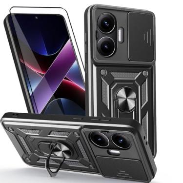 Imagem de CNPUTAO Capa para Xiaomi Poco F7 5G / Redmi Turbo 4 Pro 5G com protetor de tela de vidro temperado, janela deslizante para câmera, suporte, capa de telefone de camada dupla antiarranhões à prova de